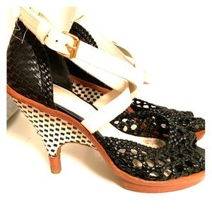 Black and white wedge heels